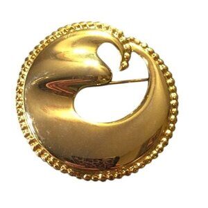 Crown Trifari Gold-Tone Round Abstract Brooch With Beaded Edge Vintage Jewelry P